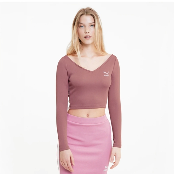 🆕Puma | Classics Ribbed Long Sleeve Cropped Top Dusty Rose Pink Size Large - Picture 2 of 5